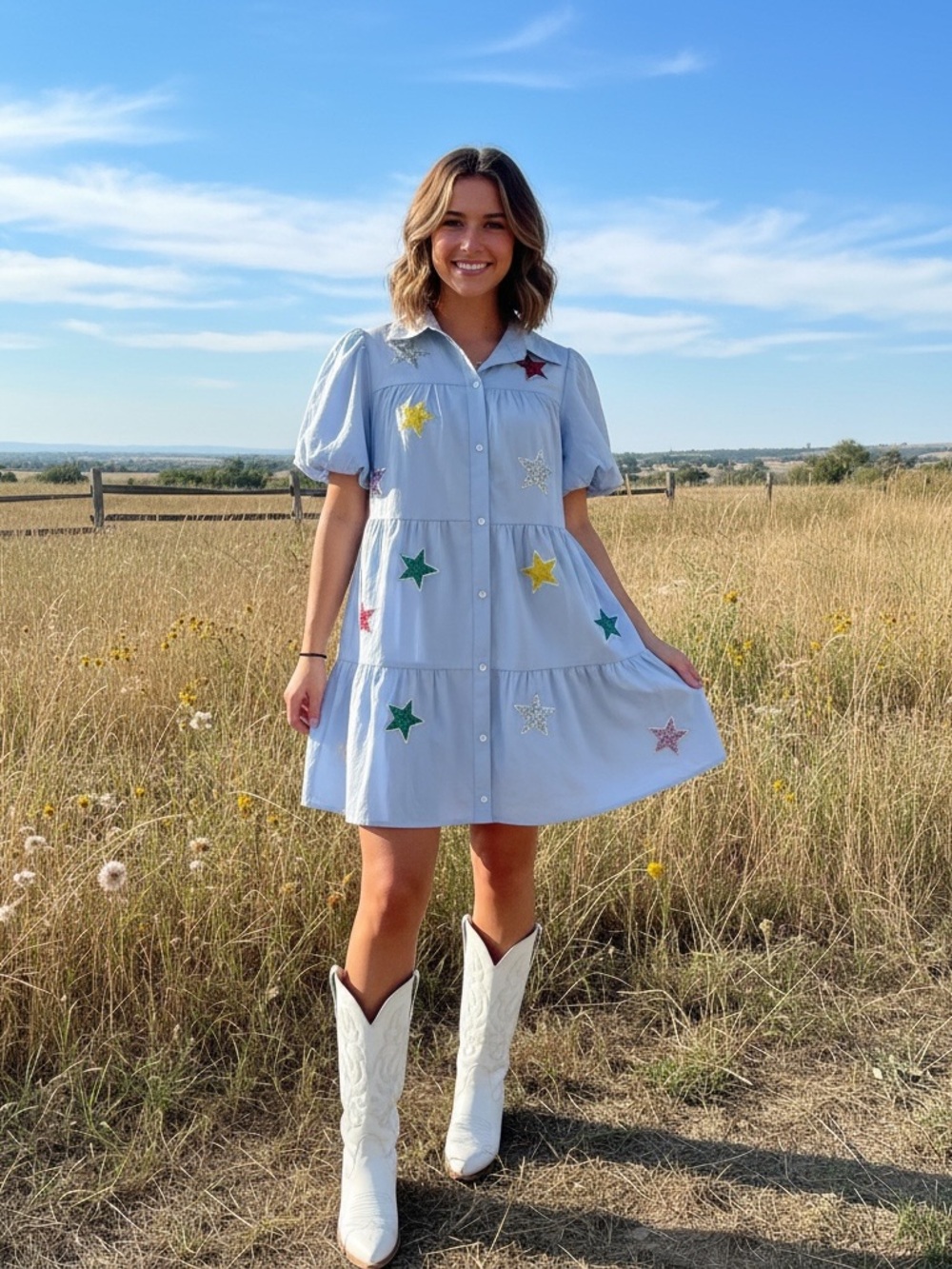 Peach Love California Light Blue Star Sequin Tiered Mini Dress